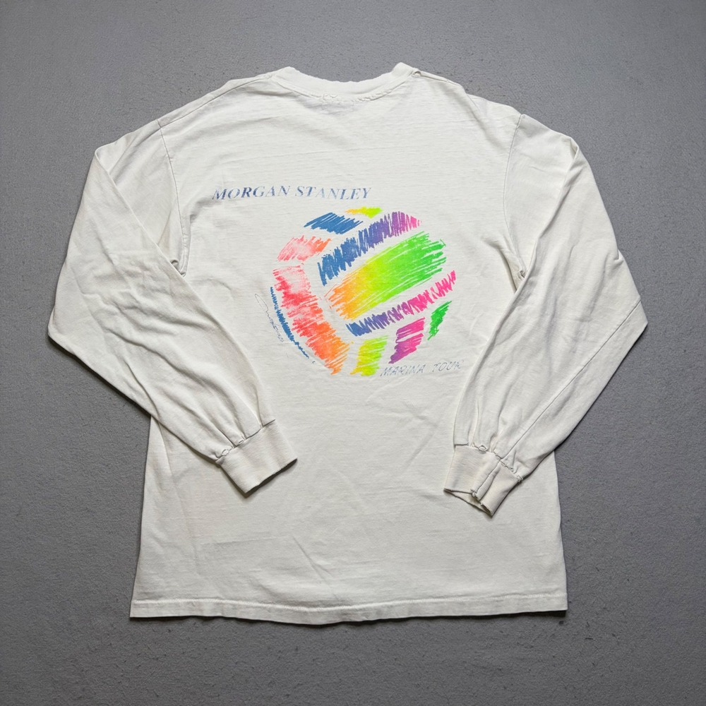 Hanes T-Shirt Mens Large White 1991 Morgan Stanley Marina Tour Long Sleeve 90s